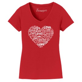 Women's Love Heart Tops Valentine's Day Graphic V Neck T-Shirt Gift Red