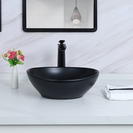 Davivy 15.7" x 13" Matte Black Oval Vessel Sink with Pop Up Drain,Bathroom Sinks Above Counter,Bathroom Vessel Sinks,Ceramic Vessel Sinks,Matte Black Vessel Sink for Bathrooms