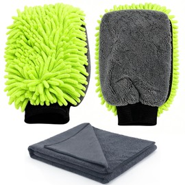 HOMEAN 3-Piece Car Wash Kit: 2 Scratch-Free Chenille Microfiber Wash Mitts + 1 Large 400GSM Drying Towel, Lint-Free Auto Cleaning Set for Cars Trucks SUVs RVs