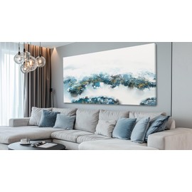VAYIMDH Teal Blue Abstract Canvas Wall Art/Ink Painting/White With Gold Picture Wall Deocr/Contemporary Art for Living Room Bedroom Hallway Decor 29x58 Inch