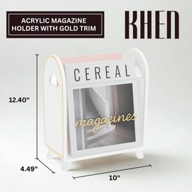 Khen Acrylic Magazine Holder with Gold Trim - 12.40" x 10" x 4.49" - Crystal Clear Holder - Shatterproof - Open Top - Space Saver - For Magazines, Publications, Office Desk, Reception, Waiting Room