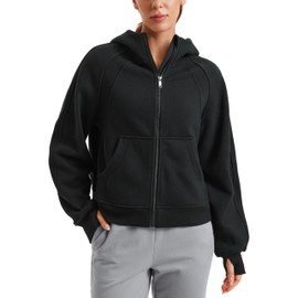 CRZ YOGA Womens Fleece Lined Full Zip Hoodies Oversized Long Sleeve Casual Workout Hooded Sweatshirt with Thumb Holes Black Medium
