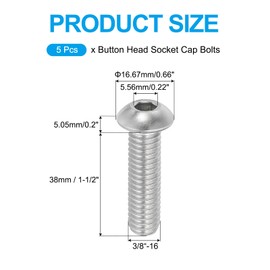 PATIKIL 3/8-16x1-1/2" Button Head Socket Cap Screws, 5 Pcs 304 Stainless Steel 18-8 Socket Cap Screw Bolts Allen Hex Drive Full Thread Fine Thread UNC