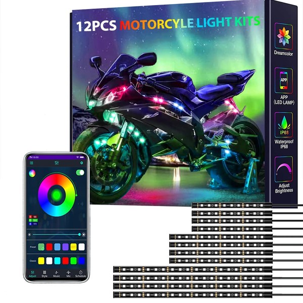 12 Pcs Motorcycle LED Light Kits, App Control Multicolor Waterproof Motorcycle LED Strip Lights, Music Sync & Multiple Scene Modes RGB LED Lights for Motorcycles, DC 12V