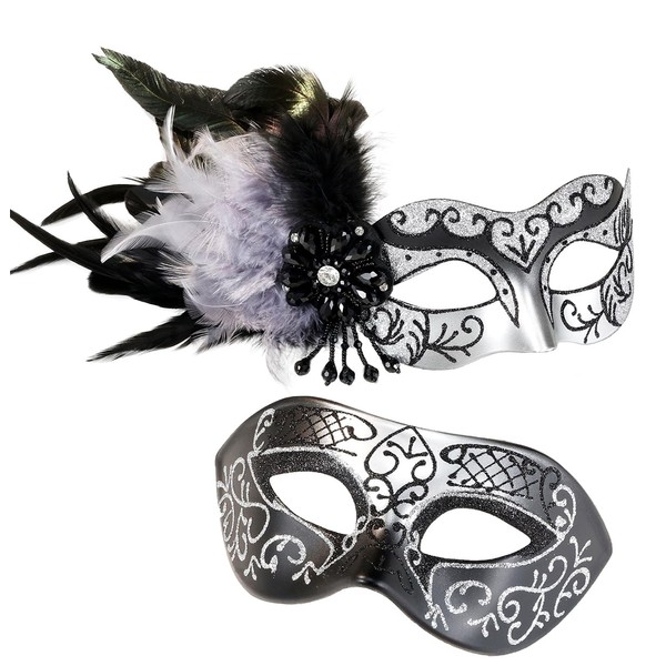 MYSEUNI Silver Masquerade Mask for Couples -Masquerade Mask for Women
