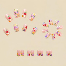 24Pcs Flower Press on Nails Medium Square Fake Nails Colorful 3D Flowers False Nails Glossy Stick on Nails Full Cover Artificial Glue on Nails Spring Summer Nail Supplies for Women DIY Manicure Salon