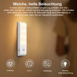 OQIMAX Nachtlicht mit Bewegungsmelder, 2 Stück Nachtlicht kinder Bewegungslicht, LED Nachtlampe mit 3 Mode, USB Aufladbar, Schrankbeleuchtung Warmweiß Schranklicht für Schlafzimmer, Badezimmer, Flur