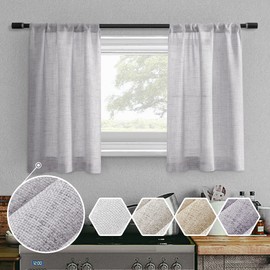 MEETBILY Linen Textured Semi Sheer Kitchen Tiers Curtains 36 Inches Long Small Kitchen Window Curtains Rod Pocket Cafe Curtains Drapes for Bathroom Laundry Room RV(2 Panels, Grey,30" W x 36" L)