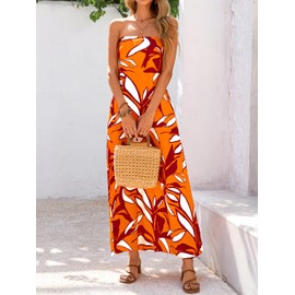 MASCOMODA Summer Boho Floral Maxi Dresses for Women 2025 Strapless Tube Top Dress Smocked Flowy Beach Vacation Long Sundress(Orange Rust Red Flower,X-Large)