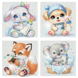 FQOVKYN 4 Pcs Baby Animals Diamond Art Kits for Kids, Cute Animals DIY Diamond Arts Mosaic Kits for Adults Beginner, Full Round Drill Diamond Art Painting for Home Wall Decor Kids Gift 6X6 inch
