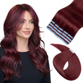 Lveyan Tape in Hair Extensions Human Hair 14 Inch 20pcs 40g/pack Burgundy Tape in Straight Seamless Skin Weft Remy Tape in Hair Extensions（#99J, 14Inch）