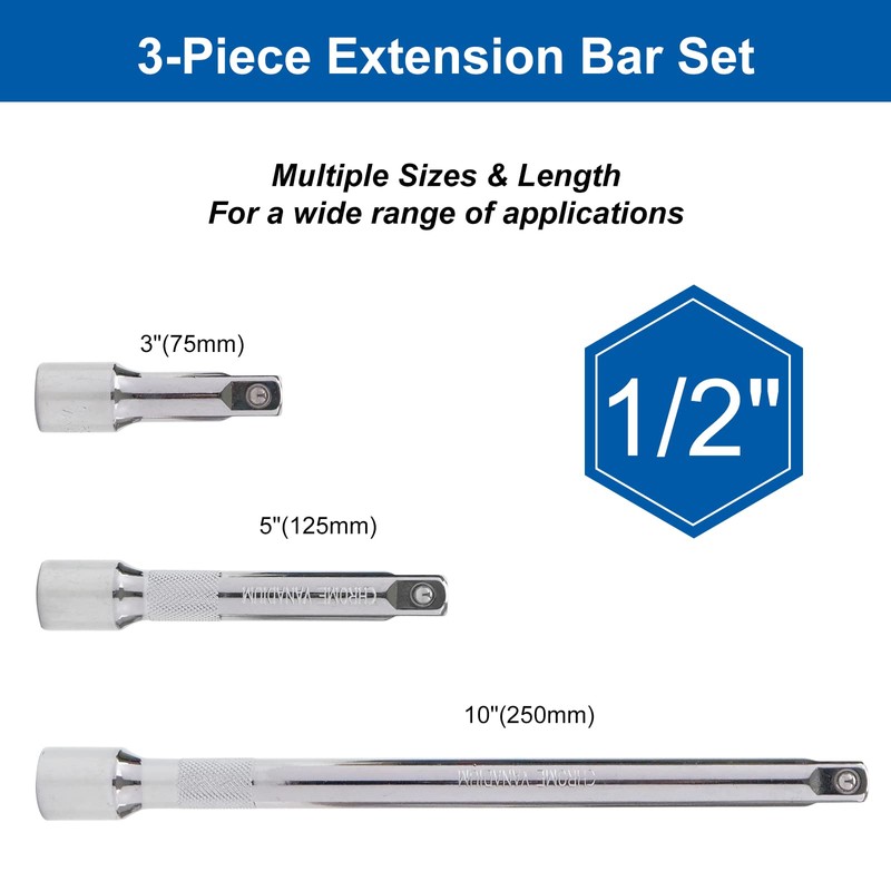 DAKCOS 1/2 Inch Drive Extension Bar Set 3 Pieces Socket