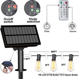 BLIATLUS 60FT Solar String Lights Outdoor Waterproof with Remote Control Solar Patio Lights Long Last for 20+Hrs Dimmable Solar Power LED Bulbs for Porch Garden Market Bistro Patio Backyard Fence