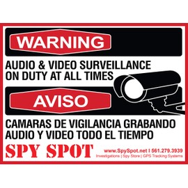 Audio & Video Sign Vinyl | 6 Pack | 4" x 3" | Decal Self Adhesive Weatherproof Resistant CCTV Surveillance Stickers English/Spanish Security Logo