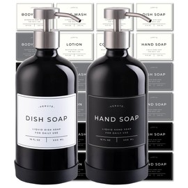 Hand and Dish Soap Dispenser for Kitchen and Bathroom, Set of 2 16 Oz Glass Bottles, Stainless Steel Pumps, Non-Slip Silicone Base, 27 Waterproof Labels (Gloss Black Bottle/Brushed Silver Pump)