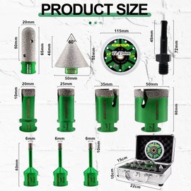 KURSTOL Diamond Core Drill Bits Kit - 6/6/6/20/25/35/50mm+2" Beveling Chamfer Bit+3/4" Finger Milling Bit+SDS Adapter to 58-11" Thread+4.5" Cutting disc for Porcelain Ceramic Tile Granite Marble