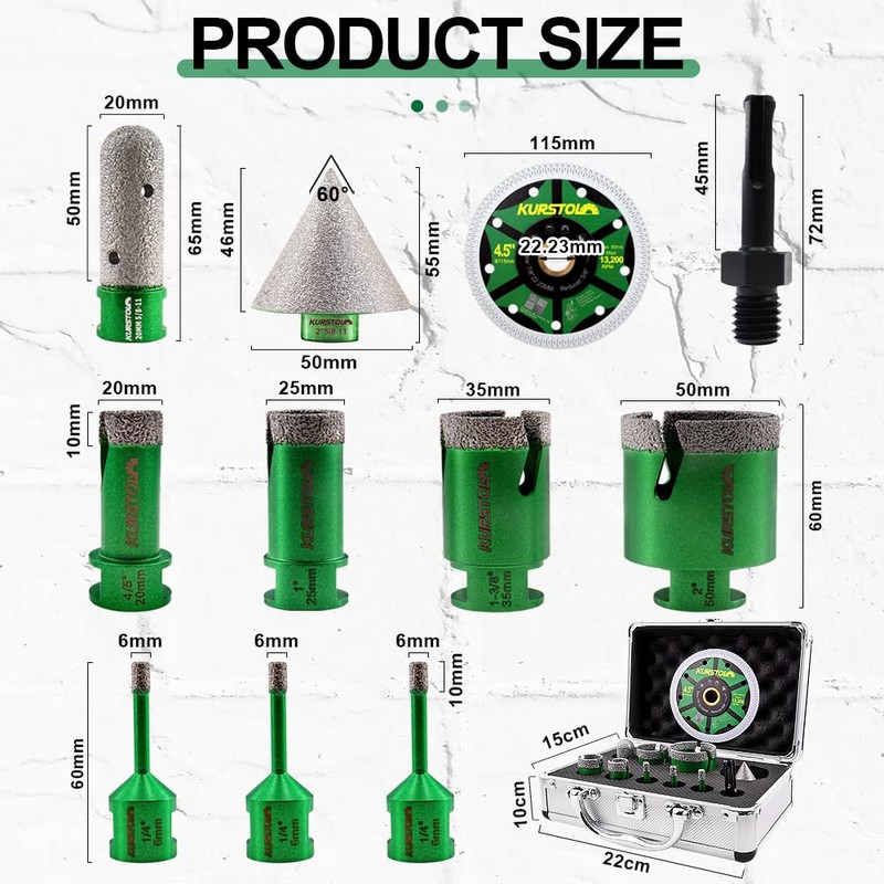KURSTOL Diamond Core Drill Bits Kit - 6/6/6/20/25/35/50mm+2" Beveling Chamfer