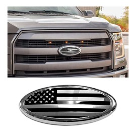 Suvnie Front Grille US Flag Emblem, 7 Inch Oval Rear Tailgate Decal Badge Nameplate, Central Mesh Cover Label Sticker Overlay Replacement Compatible with F150 F250 F350 and More (7'', Silver & Black)