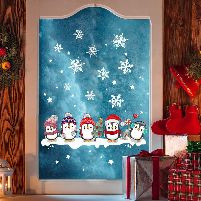 Condessacity Christmas Wall Sticker Christmas Tree Penguin Snow Window Decoration
