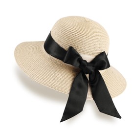 GNEGNI LIFE Sun Hats Women, Straw Beach Hats Sun Protection Summer Hat Foldable Wide Brim Hat Floppy for Women Travel Holiday (Beige&Black Ribbon)