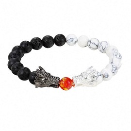 Giwotu Natural Black Lava Stone & White Howlite Buddha Dragon Beads Elastic Bracelet for Men and Women Chinese Dragon Jewelry Pretty Gifts Birthday Good Luck Spouse Family Reiki Cure Retro Charm