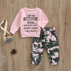 ZZLBUF Toddler Baby Girls Fall Clothes Letter Print Long Sleeve Sweatshirt Pullover Top Camouflage Pants Set 2 Piece Outfits (A1# Pink, 1-2 Years)
