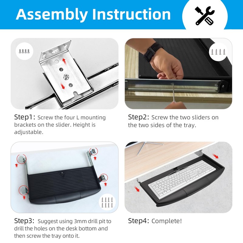 22"Wx11"D Under Desk Keyboard Tray Slide Out, Pull Out Keyboard