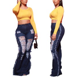 Women's Bell Bottom Jeans Classic Ripped Hole Elastic High Waist Raw Hem Flare Denim Pants