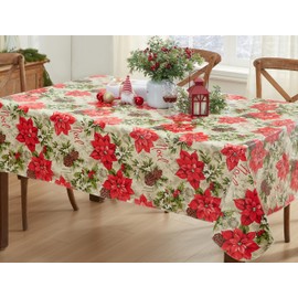 Newbridge Majestic Winter Poinsettia Festive Floral Christmas Print Vinyl Flannel Backed Tablecloth, Noel and Holly Berry Xmas Easy Care Wipe Clean Tablecloth, 52 Inch x 70 Inch Oblong/Rectangle