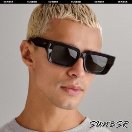 SUNBSR Fashion Square Sunglasses for Men Women Trendy Thick Frame Sun Glasses 90's Black Vintage Shades（Black/Grey）