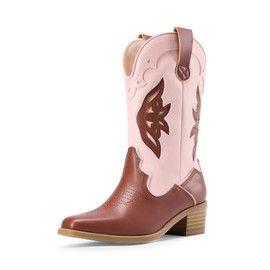 DREAM PAIRS Kids Cowgirl Cowboy Western Boots Girls Mid Calf Riding Shoes Little Kid/Big Kid,Size 10 Little Kid,Pink/Brown,SDBO2417K