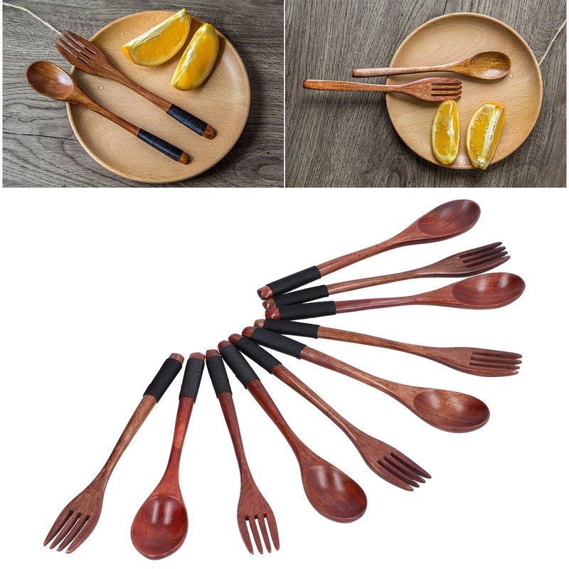 Wooden Tableware Set EcoFriendly Spoon Fork Reusable Hand Made Utensils