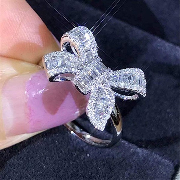 Greendou Fashion Jewelry Platinum Plated Sterling Silver Cubic Zirconia Bow-Knot Engagement Wedding Ring (10)
