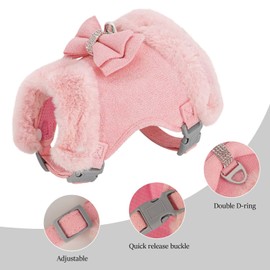 Didog Cute Small Dog Harness and Leash Set, Winter Warm Dog Harness with Bow Tie, Adjustable Soft Padded Puppy Vest with Removable Plush Collar for XS Small Sized Dogs (Pink, XS)