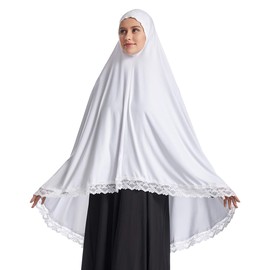 Elegante bufanda larga hiyab con ribete de encaje musulmán islámico Ramadán suave y ligera para mujer, Azul Marino, L