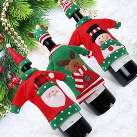 Xuhekk Christmas Wine Cover Sweater Ugly Wine Cover Santa, Reindeer And Snowman Red Wine Bottle Cover for Christmas and new year Party Decoration(3Pcs)