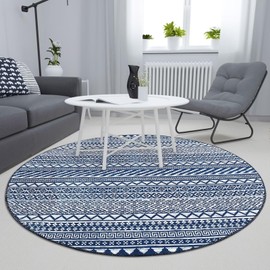 COZYLOOM 4ft Round Boho Area Rug, Vintage Moroccan Geometric, Black White, Machine Washable, Non-Slip, Low Pile