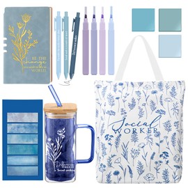Reallnaive 15 Pcs Social Worker Appreciation Gifts Include 16 oz Glass Cup Canvas Bag Leather Notebook Ballpoint Pens Aesthetic Sticky Notes Thank You Gifts for Women Cna Week Social Worker(Blue)