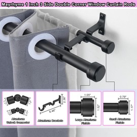 Mayrhyme Black Double Corner Window Curtain Rods with Aluminum End Cap Finials and Brackets,1 Inch Diameter Dual Bay Window Curtain Rods, Adjustable 2 Sided 32-86 Inch Double Drapery Rod
