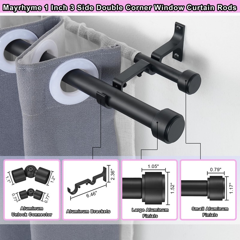 Mayrhyme Black Double Corner Window Curtain Rods with Aluminum End