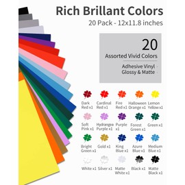 Permanent Vinyl - 20Pack Adhesive Vinyl Sheets Assorted Colors, Permanent Vinyl Bundle for Cricut Machine, 12" x 11.8" Waterproof Outdoor Vinyl Perfect for Home Decor Car Decal Sticker