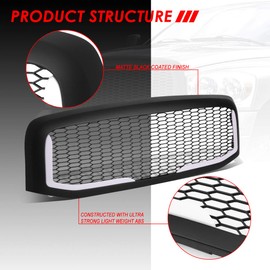 Honeycomb Mesh Matte Front Bumper Hood Grille Grill+L-LED DRL Compatible with Dodge Ram 1500 2500 3500 06-09