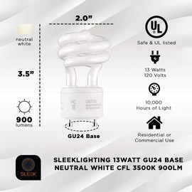 SLEEKLIGHTING - 13Watt GU24 Base 2 Prong Light Bulbs- UL approved-13w 120v 60hz Light Bulb- Mini Twist Lock Spiral -Self Ballasted CFL Two Pin Florescent Light Bulb- 3500K Neutral White -4pack-