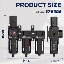 NEWPO 1/2 Inch NPT Three Stage Air Drying System,air Pressure Regulator with 5＆0.01 Micron Filter Cartridge，Desiccant Dryer & Air Regulator, Metal Bowl Manual Drainage-Black