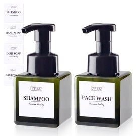 ZEJIA 250ML Foaming Soap Dispenser, 2-Pack Plastic Hand Soap Dispenser, Refillable Leakproof Foam Pump Bottle with Waterproof Labels, for Shampoo, Body Wash