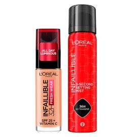 L'OREAL PARIS L'Or|al Paris Infaillible fl1ssiges Make-up 32H Fresh Wear SPF 25 Waterproof mit Vitamin C Farbe 220 Sable Sand + Fixierspray 3-Second Setting Mist f1r Gesichts-Make-up ohne Transfer 75 ml C 2