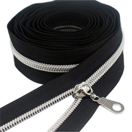 YaHoGa #5 Silver Metallic Nylon Coil Zippers by The Yard Bulk Black Tape 10 Yards with 25pcs Pulls for DIY Sewing Tailor Craft Bags (Black)