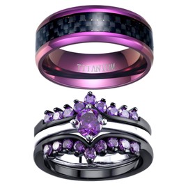 ringheart 2 Rings His and Hers Rings Couple Rings Purple Cz Womens Wedding Ring Sets Titanium Steel Mens Wedding Bands
