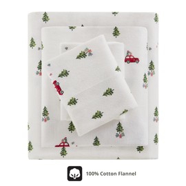 Woolrich Sheet Warm & Breathable Cotton Flannel Bed Sheets, All Elastic Pocket Sheet Set Fits Up to 14" Mattress, All Season, Lightweight, Soft Cotton Sheets, King Green Tree Trip 4 Piece