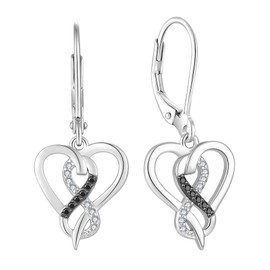 TIMFROZ Heart Earrings 925 Sterling Silver Heart Leverback Dangle Drop Earrings with 5A Black Cubic Zirconia For Women Birthday Christamas Jewelry Gift
